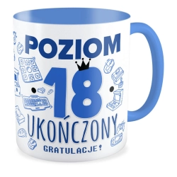 Kubek niebieski na URODZINY Poziom 18 ukończony Osiemnastka