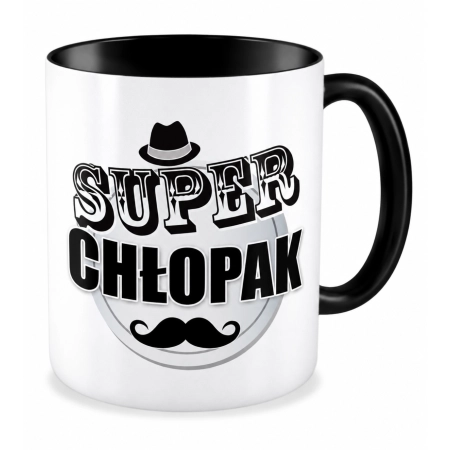 Kubek czarny na DZIEŃ CHŁOPAKA Super Chłopak z wąsem