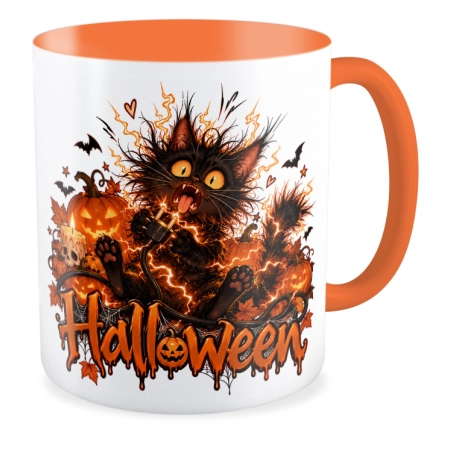 Kubek pomarańczowy na HALLOWEEN Czarny kot koteczek nietoperze