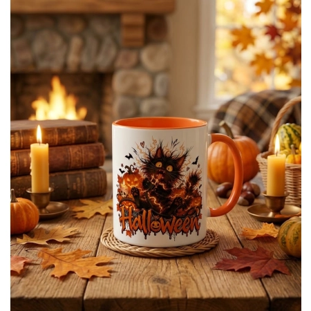 Kubek pomarańczowy na HALLOWEEN Czarny kot koteczek nietoperze