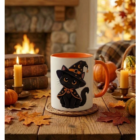 Kubek pomarańczowy na HALLOWEEN Czarny kot koteczek