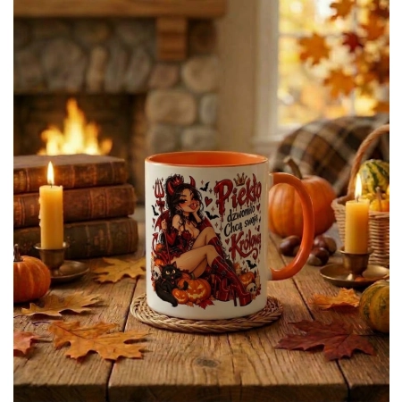 Kubek pomarańczowy na HALLOWEEN Piekło dzwoniło chcą swoją Królową