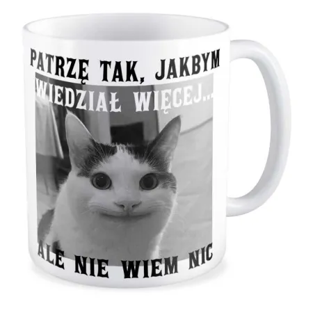 Kubek KOCHAM KOTKI Patrzę tak jakbym wiedział więcej ale nie wiem nic