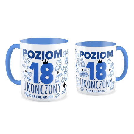 Kubek niebieski na URODZINY Poziom 18 ukończony Osiemnastka